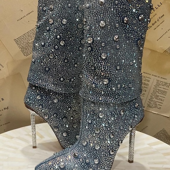 Urban Outfitters Azalea Wang Challengers Rhinestone Denim Boots Stiletto - Picture 12 of 12